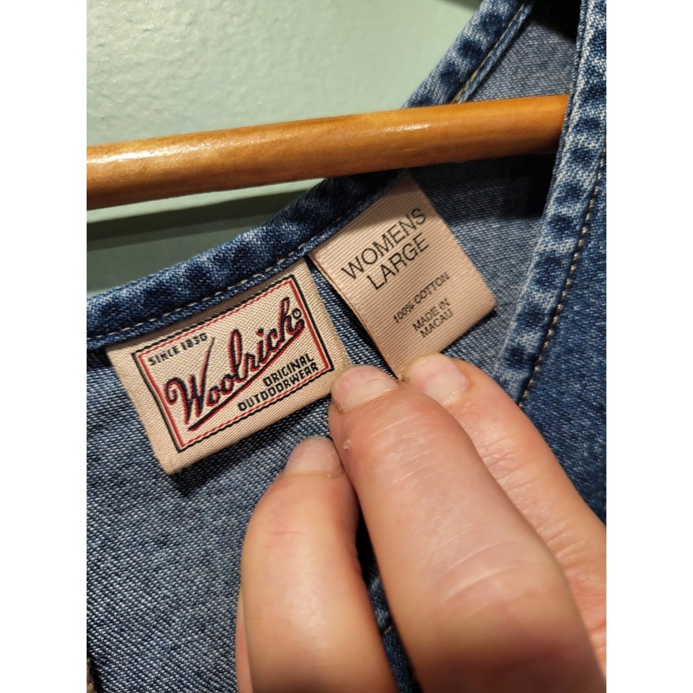 Vtg Woolrich Blue Denim Modest Mature Sleeveless Jumper Maxi Dress Pockets Sz L - Picture 7 of 8